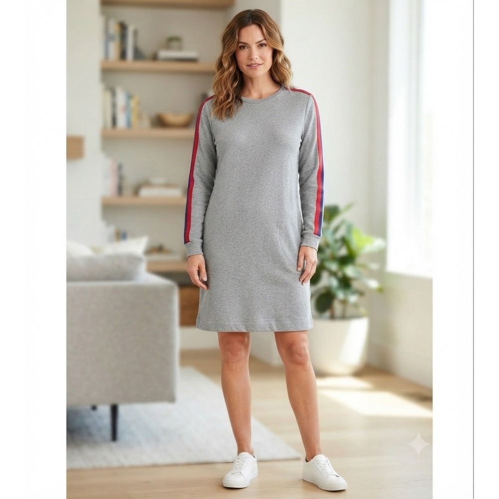 Velvet by Graham & Spencer Gray Sweatshirt Dress Red Blue Stripe Sleeves Small